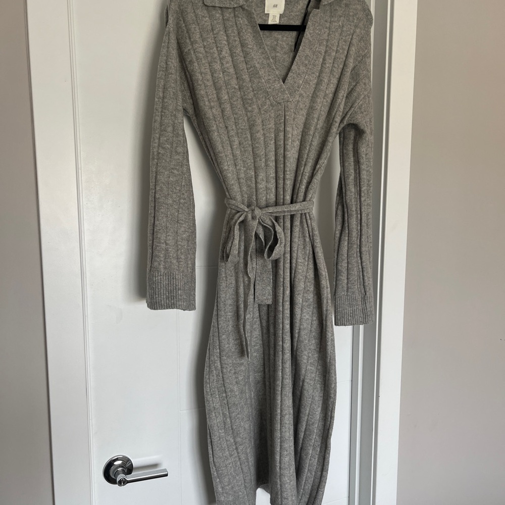 Gray Ribbed Knit Sweater Dress